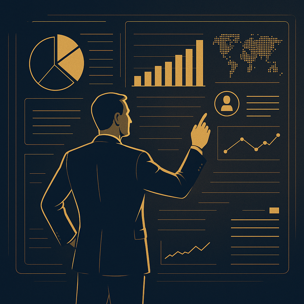 Modern CFO standing before a digital data interface, representing the integration of analytics, leadership, and strategic finance within a technology-driven organization.